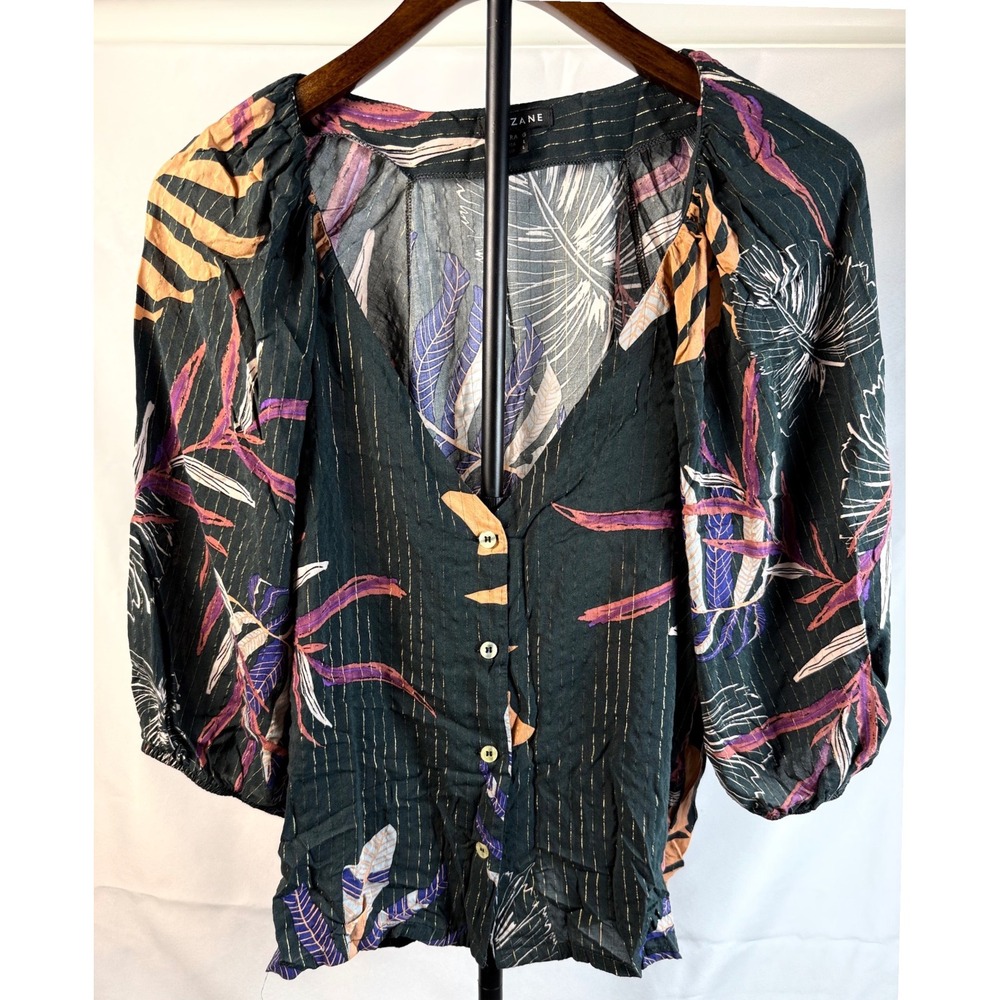 Zinzane Womens Large L Tropical Leaf Metallic Gold Lurex Puff Sleeve Boho Top